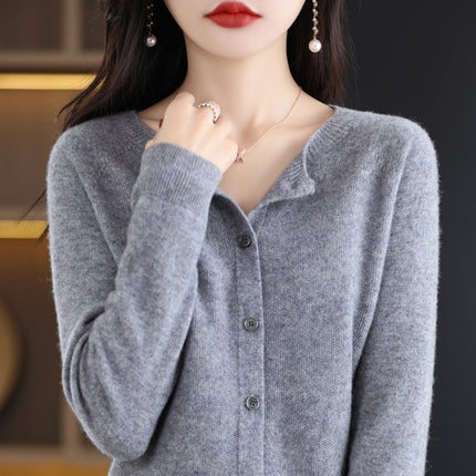 2024 Round-Neck Autumn and Winter Women's Cardigan Sweater Coat 100% Wool Loose Outerwear Versatile Knit Wool
