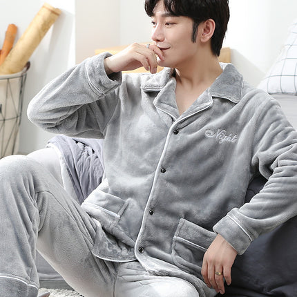 Men's Pajamas, Winter Thickened and Fleece-Lined, Men's Home Wear Set, Coral Fleece, Warm, Autumn and Winter, One-Piece Wholesale