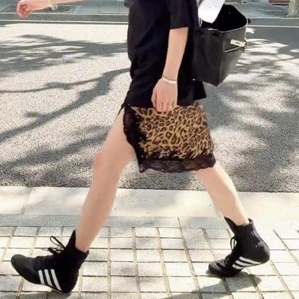 French-Style Light Mature Design with a Niche Vibe, Women's Spring and Autumn Lace Patchwork Thin Leopard Print Midi Skirt