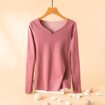 Warm top women's winter love neckline inner brushed fleece-lined thick loose all-match long sleeve seamless bottoming shirt