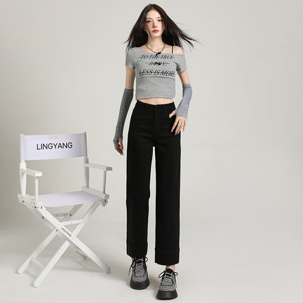 Korean-style All-match Cropped Straight Jeans Women's 2025 Spring New High Waist Elastic Slimming Smoke Pipe and French Stick Pants