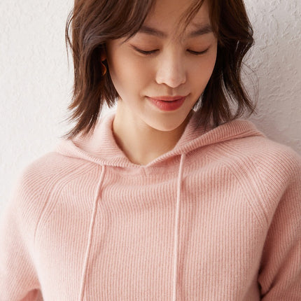 Early Autumn New Hooded Women's Simple Solid Color Yuanbao Needle Hoodie Loose Slimming 100 Pure Cashmere Knitted Sweater