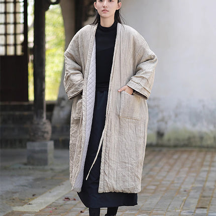 Cotton and Linen Women's Clothing, Retro Ramie Tie-Dyed Cotton Coat, Cool Zen Style, Versatile Warm Lace-Up Cotton Robe