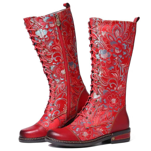 2025 Export New Style Side Zipper Boots Autumn and Winter Retro Flats Embroidered Boots Embroidered Low Heel Knight Boots High Tube Women