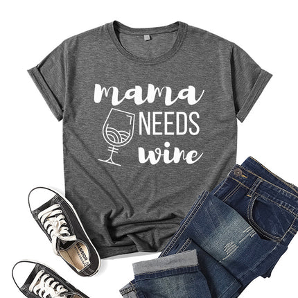 Wholesale Cross Border Mama Needs Wine Printed Short Sleeve T-Shirt Top Women Summer Loose