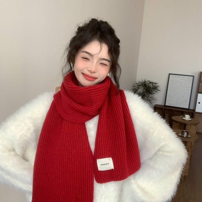 White Scarf Women's Winter Red Wool Thickened Knitted Warm Scarf 2023 New Korean Style All-match High-end Sense