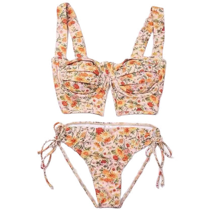 Source Factory Summer New Style Fresh Pastoral Style Vacation Bikini Small Breast Push-Up Split Swimsuit with Skirt for Women