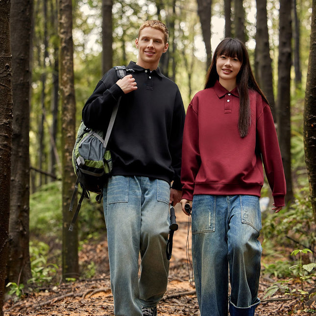 New Cross-Border 350g Cotton Polo Collar Sweatshirt for Men and Women, Couple's Sweatshirt, Autumn and Winter Loose Long-Sleeve Solid Color Top