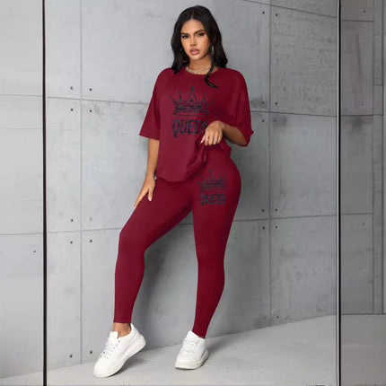 2024 Summer Fashion Versatile Letter Print Casual Loose Short Sleeve Leggings Set Cross-Border Spring and Summer Style