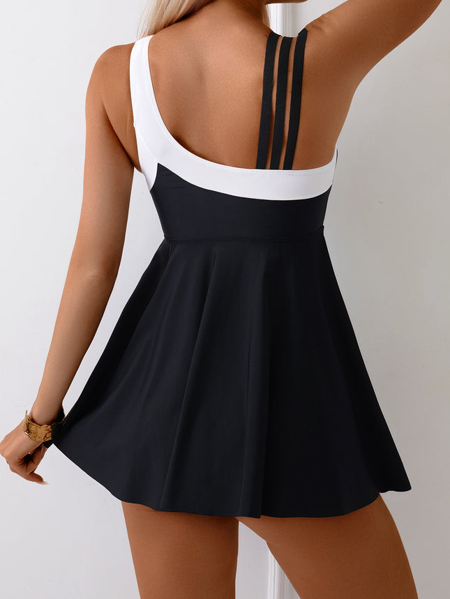 2025 Foreign Trade European and American Skirt-Style One-Piece Swimsuit for Women, New Cross-Border Single-Shoulder Conservative Huludao Swimwear Set Wholesale