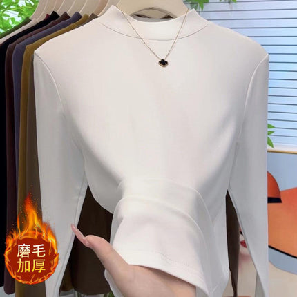 Brushed Thickeneded Small Stand-Up Collar Bottoming Shirt for Women in Spring, Autumn and Winter with Velvet and Thickeneding 2025 New Warm Top for Women