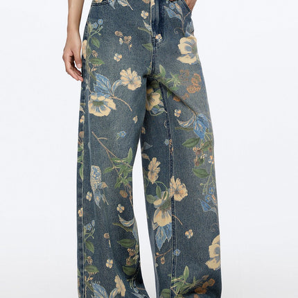 Unisex American High Street Floral Wide-Leg Jeans Printed Loose Fit Nine-Point Two Wide-Leg Floor-Length Pants