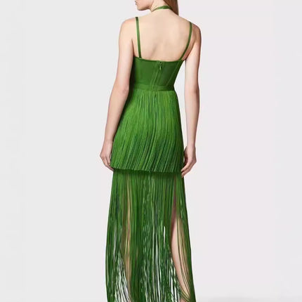 Cross-border Foreign Trade New European and American High Street Fashion Green Bandage Tassel dress Red Carpet Banquet Party Dress