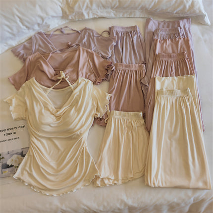 Girls' Pajamas Modal Cotton Short-Sleeved Shorts Summer Lace Women's Three-Piece Casual Home Wear Set with Breast Pads