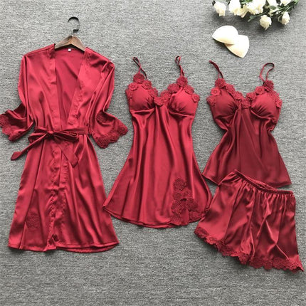 Wholesale New European and American Nightgown Black Home Clothes Four-Piece Set Fashionable and Comfortable Lace Pajamas Set Manufacturer