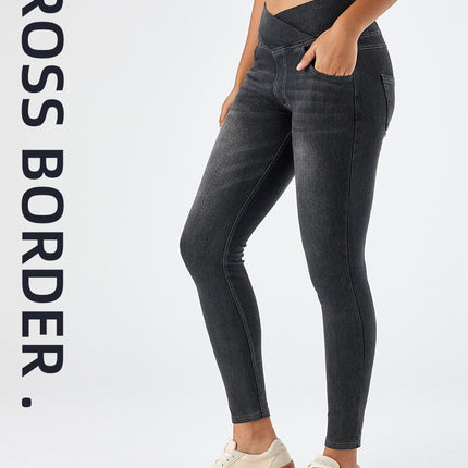 Cross-Border New Style Whiskered High-Waisted Straight-Leg Jeans for Women, High-Stretch Tight-Fitting Double-Pocket Fitness Casual Pants