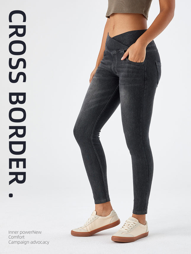 Cross-Border New Style Whiskered High-Waisted Straight-Leg Jeans for Women, High-Stretch Tight-Fitting Double-Pocket Fitness Casual Pants