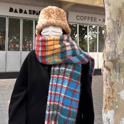 Factory new solid color haze blue scarf women's winter fluffy hair thickened students white students warm scarf