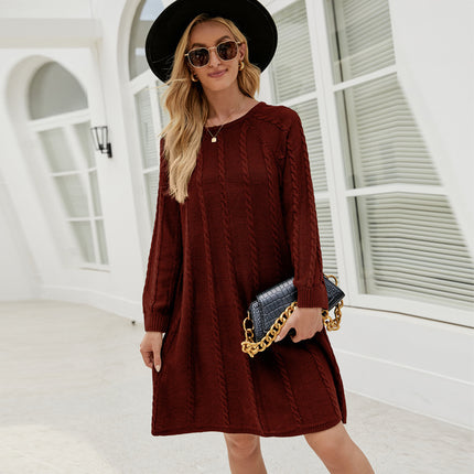 Cross-Border Export Popular Autumn and Winter Fashion Pure Color Long Sweater Dress Round Neck Cable Loose A-Line Knitted Dress