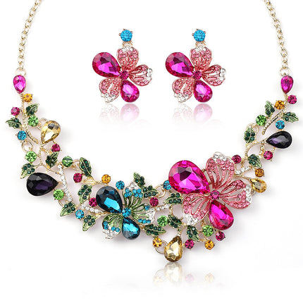 2022 New Color Flower European and American Necklace suit Women's Light Luxury Showy Bride Necklace Painted Oil Gem Clavicle Chain