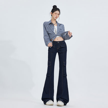 Bumi House# Factory Direct Tannin Color Micro-La Jeans Women's American Retro Fashion High-end Sense Low Waist Cute Pants