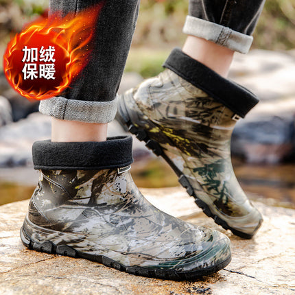 Cross-border short tube waterproof men's rubber shoes fashion camouflage army green rain boots outdoor mountain rain boots 39-48 plus size men's shoes