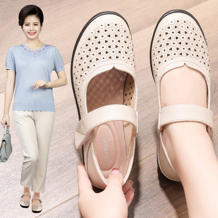 Mom's Shoes, Clogs, Single Shoes, Summer Comfortable Women's Shoes for Middle-Aged and Elderly, Soft-Soled Hollow Breathable Sandals, Non-Slip Leather Shoes