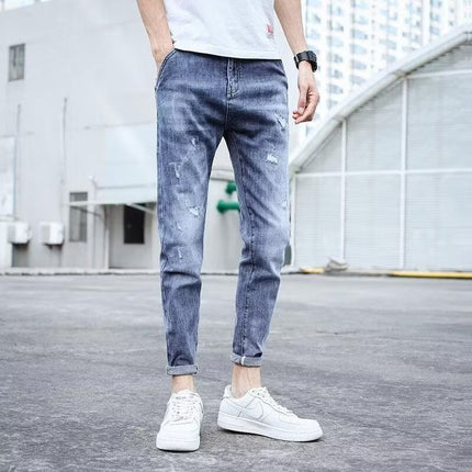 Men's Trendy Summer Thin Light-Colored Slim Fit Skinny Stretch Casual Straight Versatile Washed Jeans