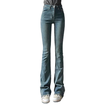 Vintage Blue High Waist Burr-Edge Micro-Lar Jeans Women's Trendy All-Match New Slim-Fit Slimming Trumpet Long Pants
