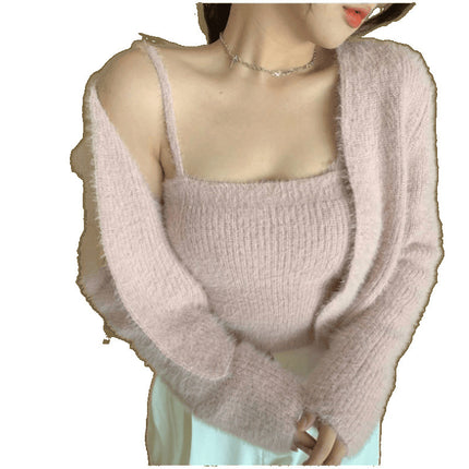 South Korea's Dongdaemun Soft Waxy Knitted Cardigan Two-Piece Set for Women Spring and Autum Plush Short Camisole Suit