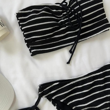 Source Manufacturer Striped Bikini Bandeau Halterneck Split Swimsuit Women's Beach Pants Three-Piece Set Sexy Hot Girl