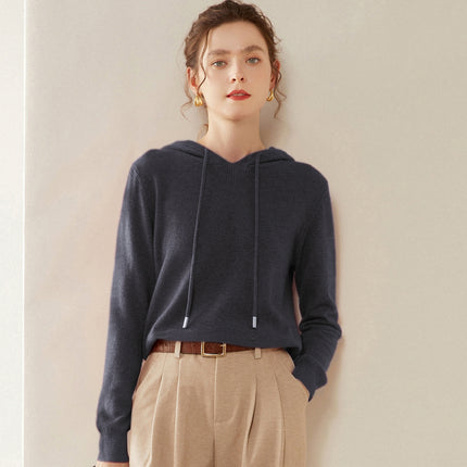 Light Luxury Solid Color 100% Pure Cashmere Hoodie for Women, Versatile for Commuting, Loose Knit Base Hoodie, Loose Fit