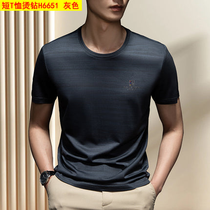 Men's Summer Short-Sleeved T-Shirt Casual Mercerized Breathable Thin Round Neck Half-Sleeved Letter Hot Diamond Top Men's H6651