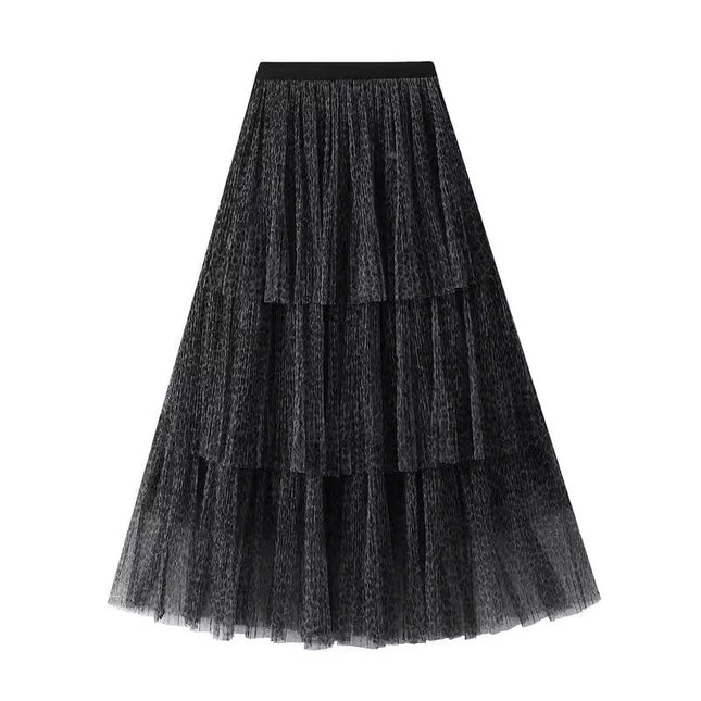 Fashion Distinctive Wild Style Leopard Print Mesh Dress Long Elastictic Waist Cake Skirt Women's Fairy Women's Long Skirt