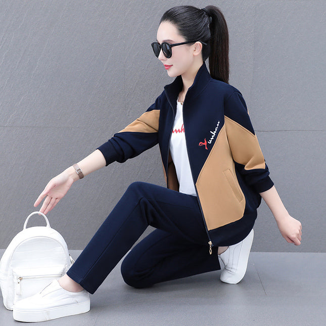 High Cotton Color-Block Two-Piece Fashion Casual Sports Suit for Women, Spring and Autumn, Middle-Aged Mom, Stand Collar Cardigan and Color-Block Sweatpants