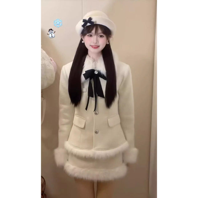 Korean Drama Daughter Big Miss Tight Waist Slimming Woolen Coat Overskirt suit Women's cotton and thickening Warm Two-piece Set