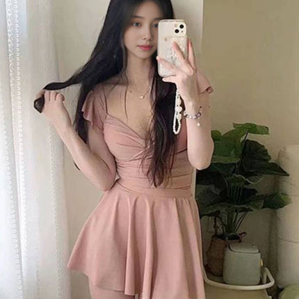 2024 New Pure Desire Style one-piece Triangle Bikini Skirt Swimsuit Girl Summer Gather to Cover Flesh Slim Hot Spring