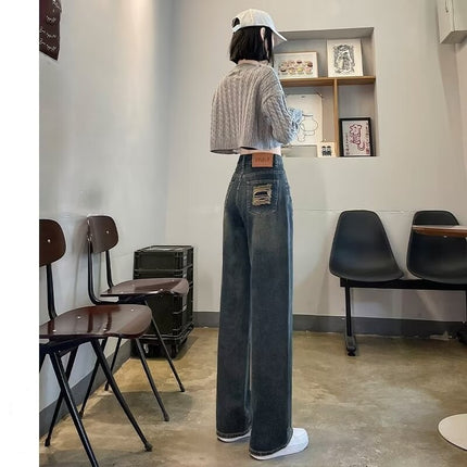 light blue Straight Leg Jeans Women's Autumn Fashion All-match New High Waist Slimming Dipped Narrow Wide Leg Pants