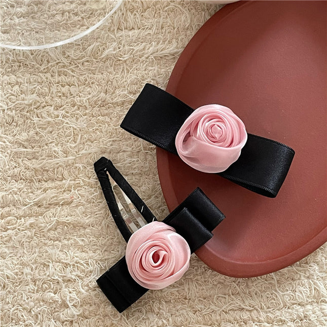 French pink rose flower bow hairpin women's back spring clip elegant hair rope Internet celebrity duckbill clip