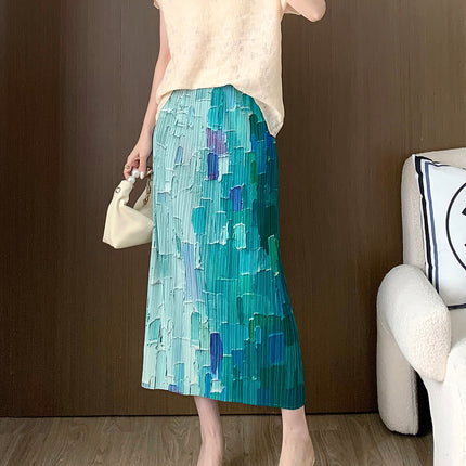 Gradient Skirt Summer Women's New Skirt Elastic Waist Pleated Back Slit Versatile Hip Skirt Women's Drop Shipping