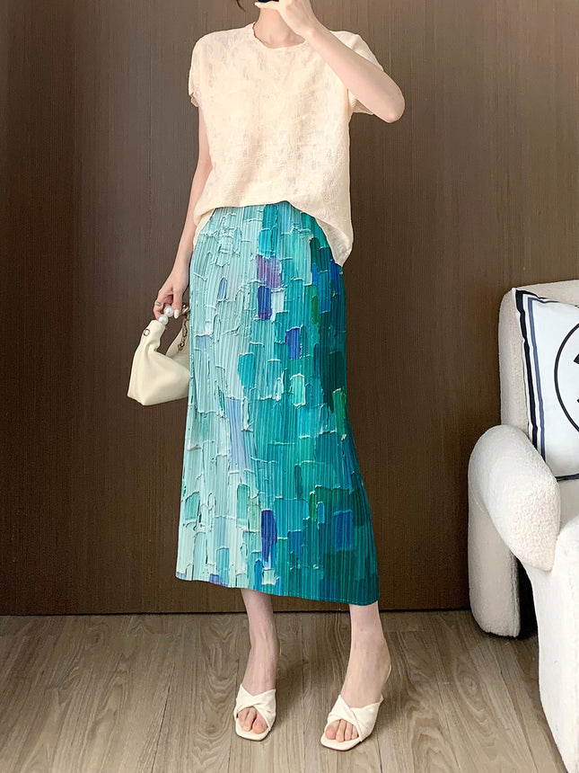 Gradient Skirt Summer Women's New Skirt Elastic Waist Pleated Back Slit Versatile Hip Skirt Women's Drop Shipping