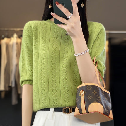 23 woolen sweater women's round neck short sleeve knitted bottoming shirt half sleeve hollow-out design top wholesale