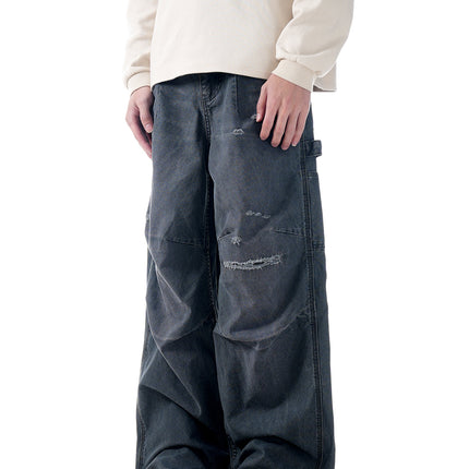 11Kn American Retro Straight Cargo Pants for Men and Women, Slimming Look, Knife-Cut, Frayed, Distressed, Pure Cotton, Trendy Logging Casual Pants