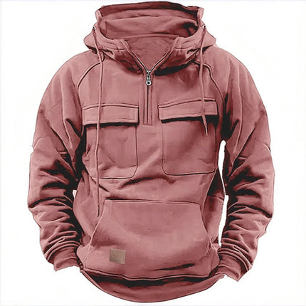 Cross-Border Men's Half-Zip Hooded Sweatshirt, Retro Workwear with Multiple Flap Pocket Pantss, Loose Casual Pullover Hoodie
