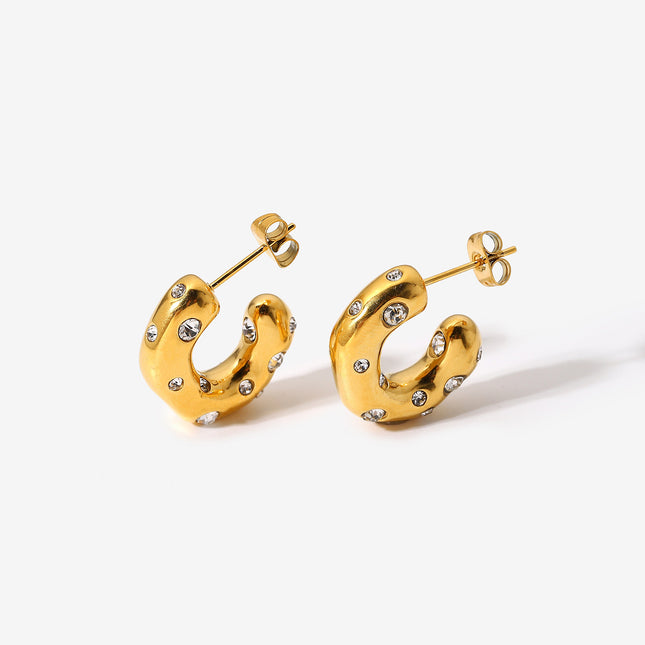 European and American Ins Irregular Hammered Zircon C-Shaped Hoop Earrings 18K Gold-Plated Stainless Steel Earrings Women's Geometric Hammered Earrings