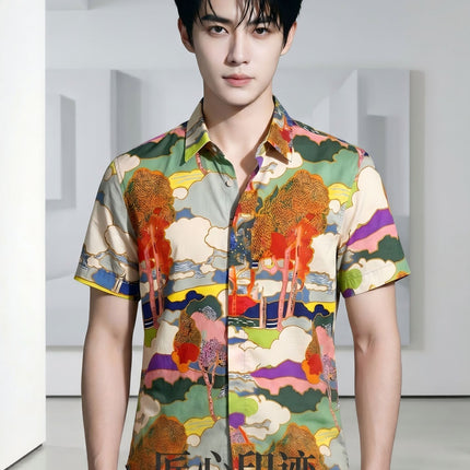 Light Luxury Handsome Men's Clothing Men's Trendy Versatile Shirts Digital Printing Men's Short-Sleeved Shirts Light Luxury and High-End