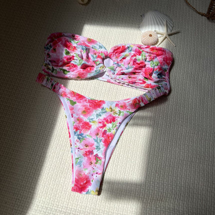 2025 European and American New Sexy Floral Lace Tube Top Split Swimsuit Bikini Bikini Cross-Border Export