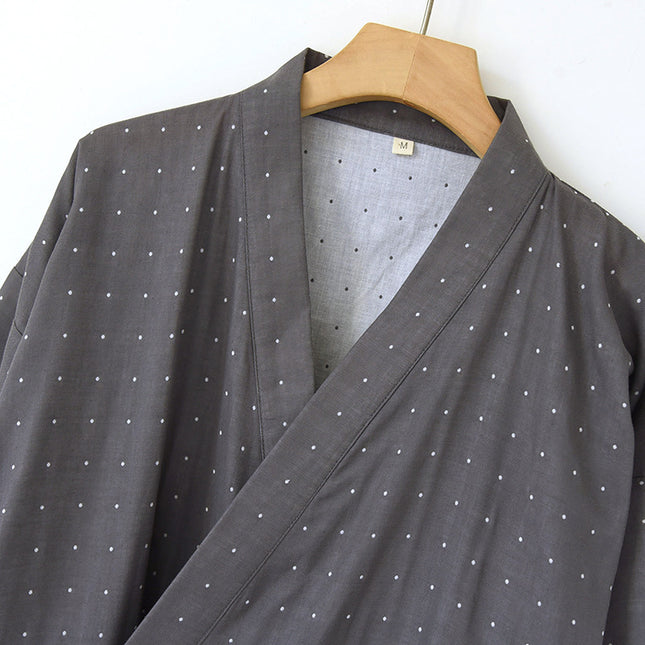 Men's Nightgown, Spring and Autumn Yarn-Dyed Gauze Pajamas, Summer Japanese-Style Kimono, Home Bathing, Steam Therapy, Cotton Bathrobe