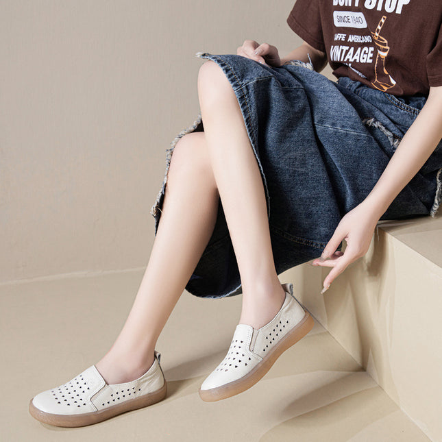 Genuine Leather Loafers for Women 2026 Spring/Summer Hollow Breathable White Shoes Women's Top-Layer Cowhide Shallow Mouth Single Shoes Mom Shoes