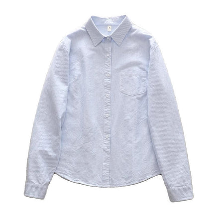 Han Fan Artistic Fresh Style Vertical Stripe Loose Cotton Oxford Textile Commuter Shirt Women's Long Sleeve Base Shirt with Inner Fashion